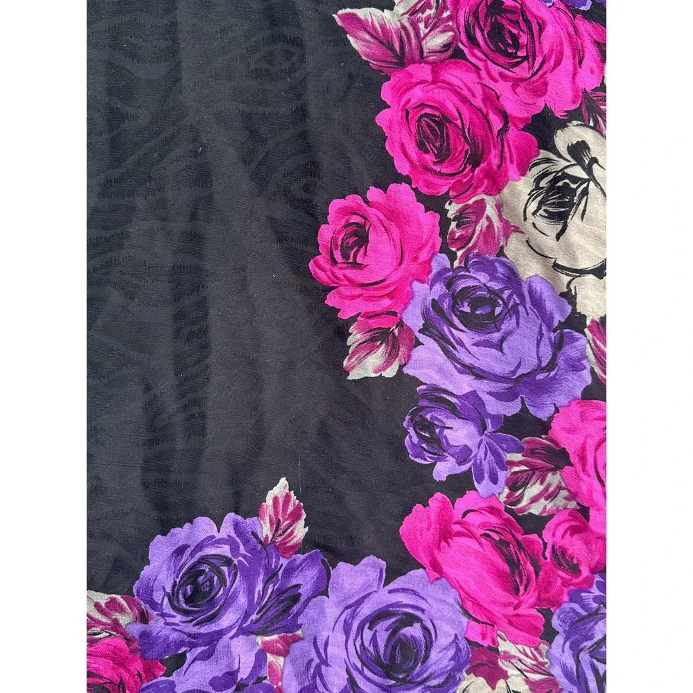 Vintage 1980s Charles Jourdan Silk Scarf 33x33 Floral Pink Purple Black‎